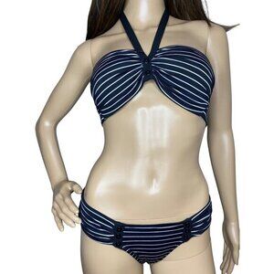 Y2K Robin Piccone Stripe Bandeau Bikini‎ Set Women Black & White Small